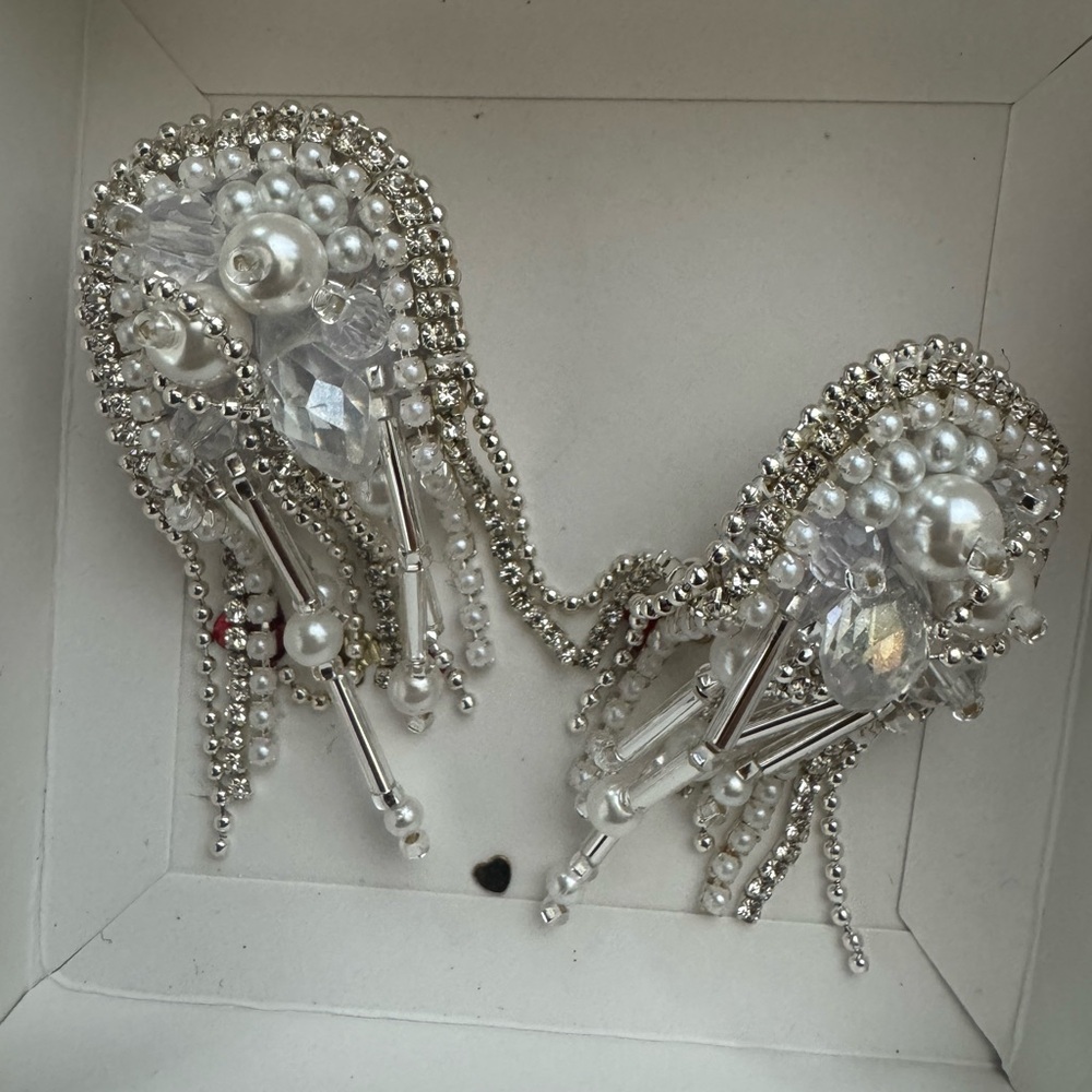 Elegant Dangle Waterfall Silver and Pearl Beaded Earrings